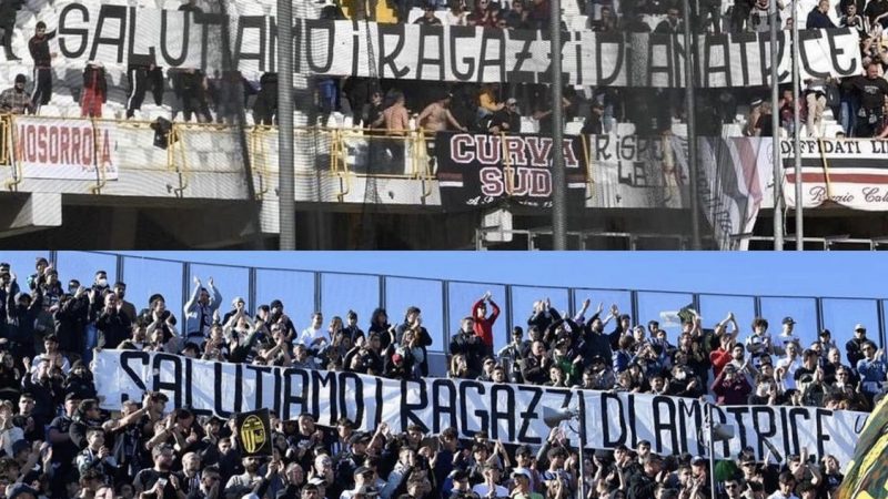 Ultras uniti per Amatrice: lo striscione “Salutiamo i ragazzi di Amatrice” delle due curve in occasione della partita Ascoli – Reggina