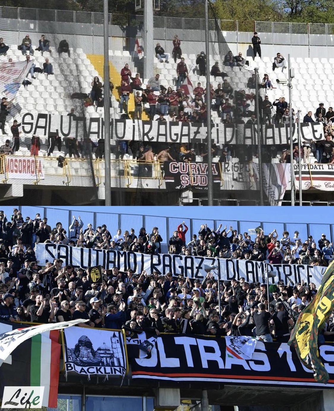 Ultras uniti per Amatrice: lo striscione “Salutiamo i ragazzi di Amatrice” delle due curve in occasione della partita Ascoli – Reggina